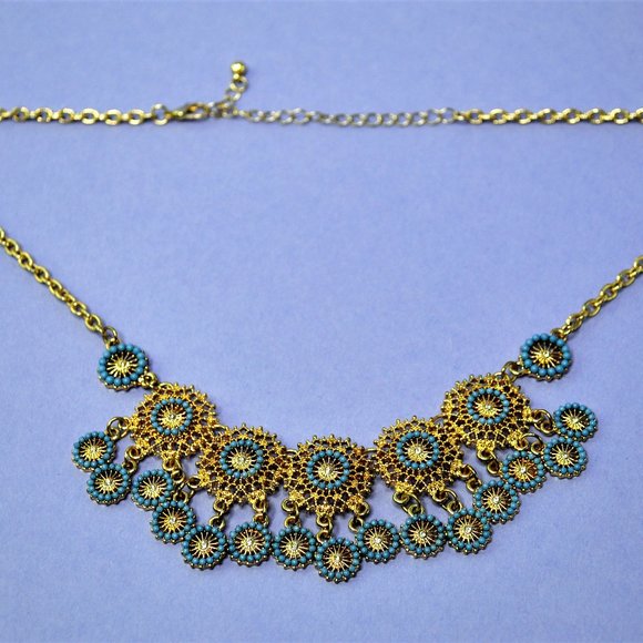 Intricate Gold & Turquoise Beaded Statement Necklace - Picture 4 of 5